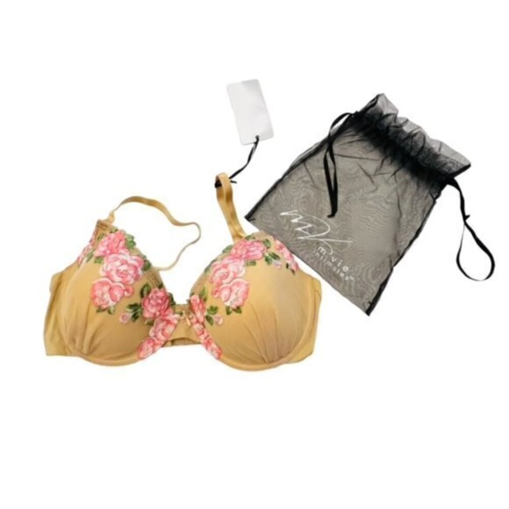 M. VIE INTIMATES Padded Bra Size 38D Beige Mesh Floral‎ Embroidery New with Bag